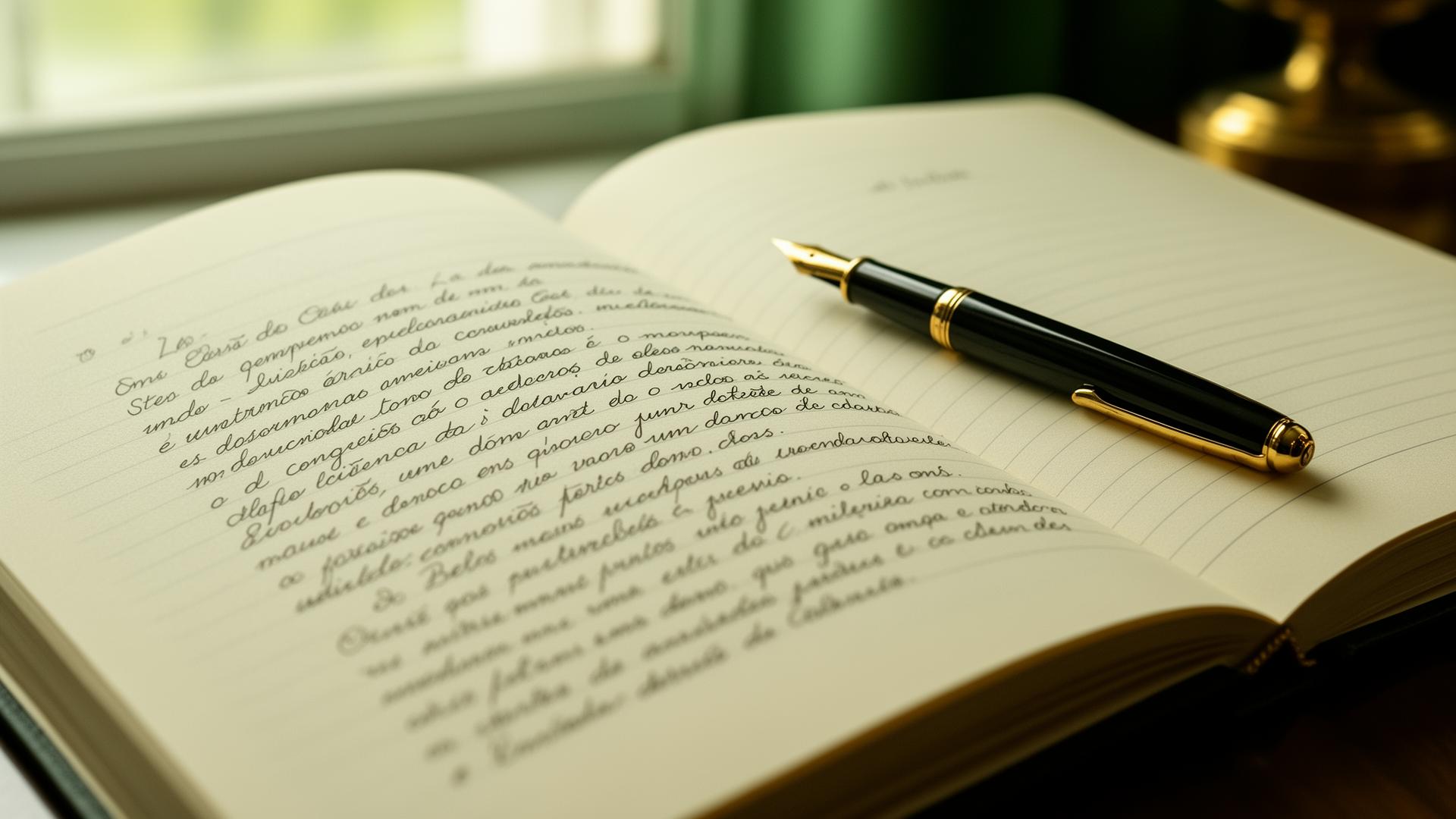 Redação manuscrita nota 1000 do ENEM sobre caderno aberto